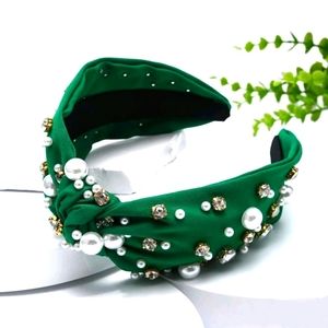 Olive green headband with pearls and stones